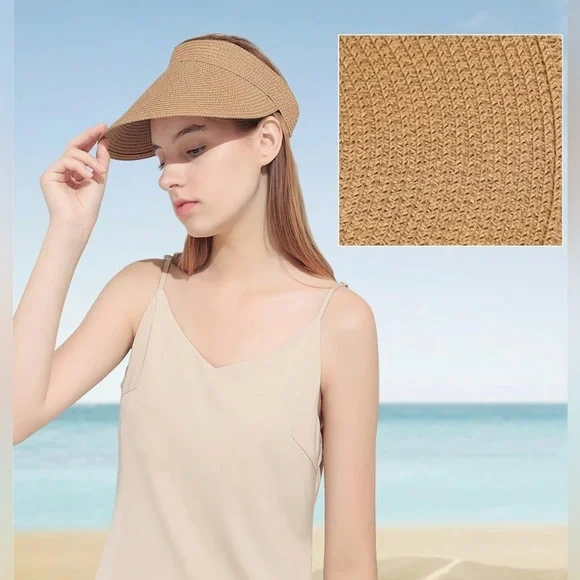 Womens Sun Visor Hat Straw Summer Packable Ponytail Beach Hats Travel UPF 80+ - Picture 2 of 9